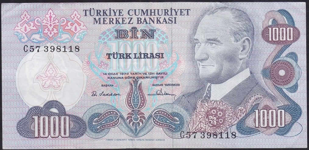 6.EMİSYON 1.TERTİP 1000 LİRA C57 398118 ÇOK ÇOK TEMİZ +