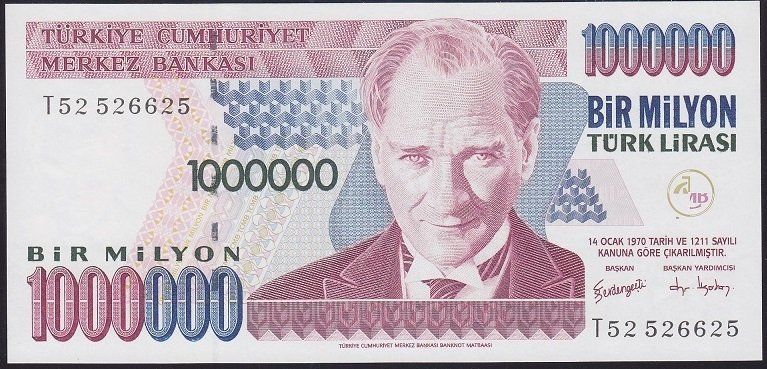 7.EMİSYON 3.TERTİP 1 000 000 LİRA T52 526625 BLOK RADAR ÇİL