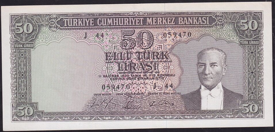 5.Emisyon 6.Tertip 50 Lira J44 059470 Çilaltı ( Kısmi Düzeltme var )