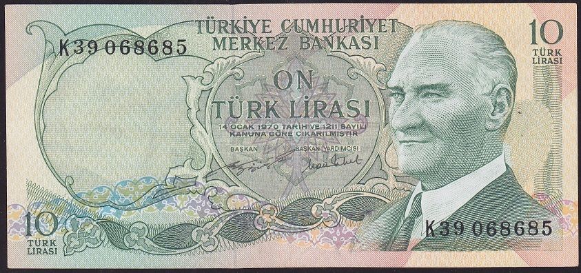 6.Emisyon 2.Tertip 10 Lira K39 068685 Çok Çok Temiz+
