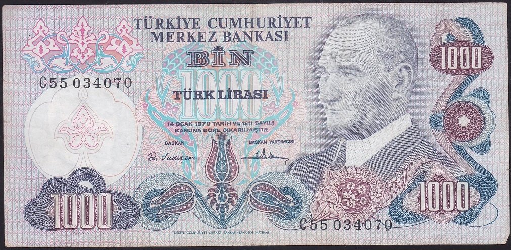 6.EMİSYON 1.TERTİP 1000 LİRA C55 034070 ÇOK TEMİZ
