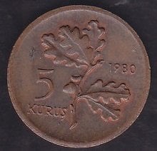 1980 YILI 5 KURUŞ FAO BALIKÇILIK ÇİLALTI ESKİ PARA MEZAT