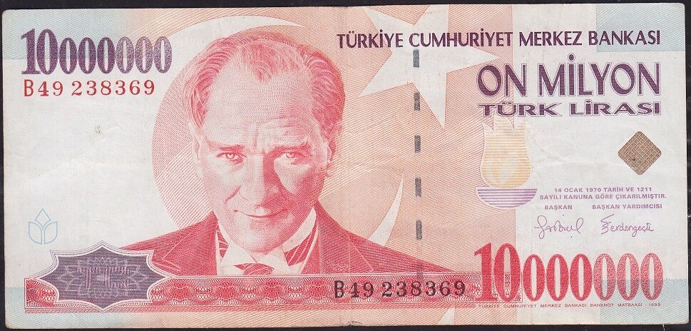 7.Emisyon 10 000 000 Lira B49 238369 Çok Temiz
