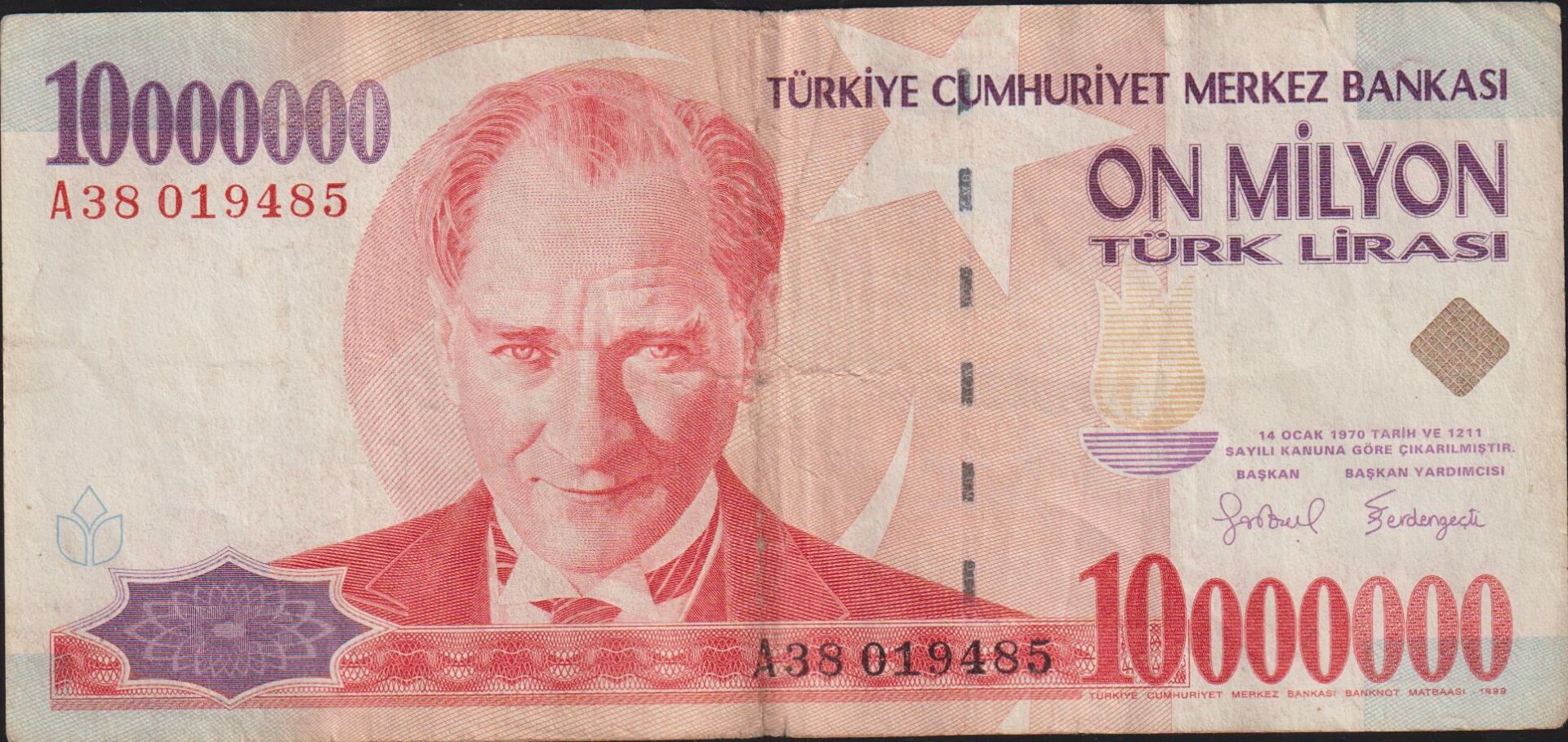 7.Emisyon 10 000 000 Lira A38 019485 Çok Temiz