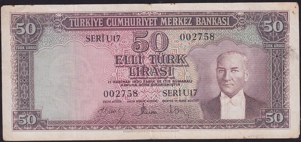 5.Emisyon 4.Tertip 50 Lira U17 002758 Çok Temiz