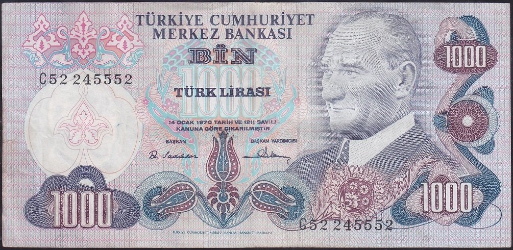 6.EMİSYON 1.TERTİP 1000 LİRA C52 245552 ÇOK TEMİZ +