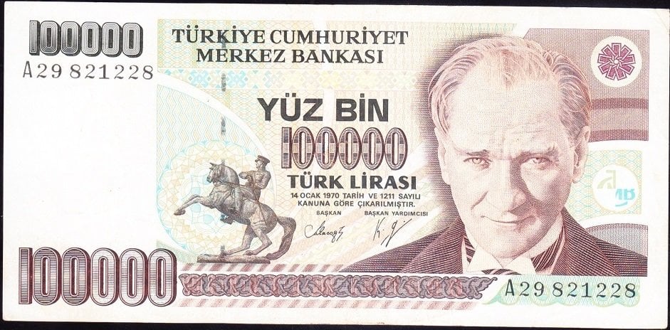 7.Emisyon 1.Tertip 100000 Lira A29 821228 Çok Temiz +