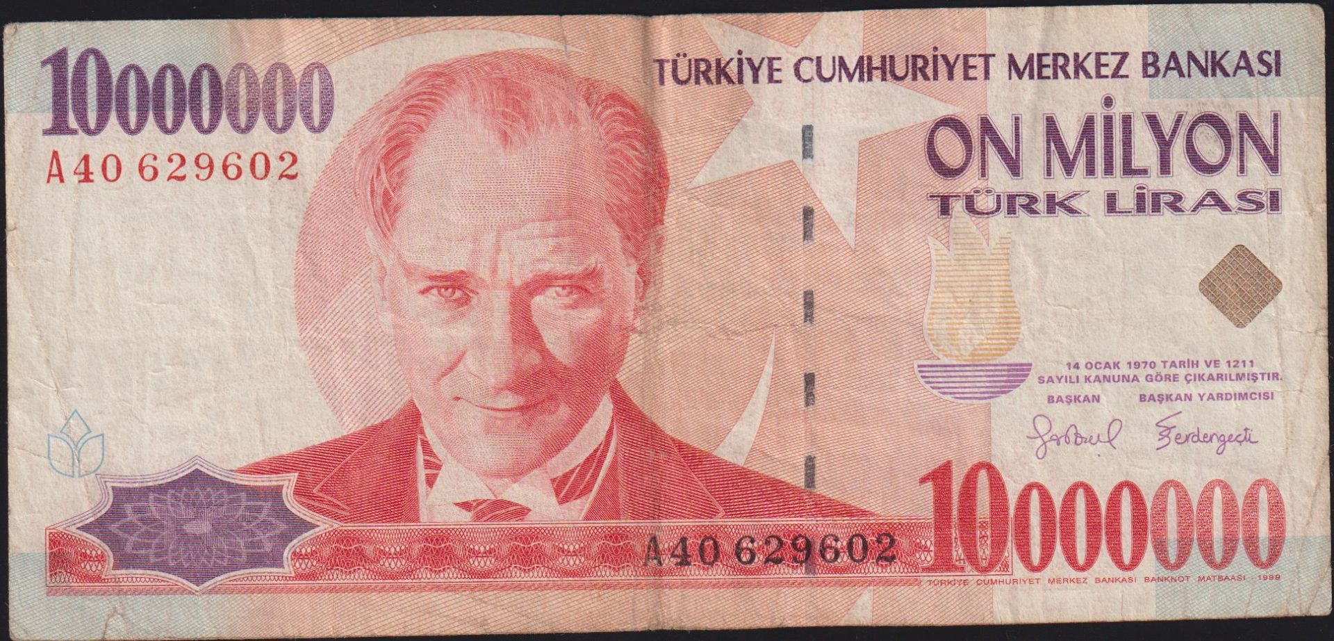 7.Emisyon 10 000 000 Lira A40 629602 Temiz