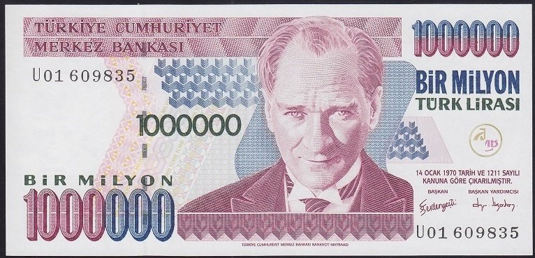 7.EMİSYON 3.TERTİP 1 000 000 LİRA U01 609835 ÇİL