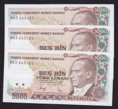 7.EMİSYON 4.TERTİP 5000 LİRA H65 443315 - 16 - 17 SERİ TAKİPLİ 3 ADET ÇİL
