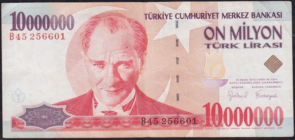 7.Emisyon 10 000 000 Lira B45 256601 Çok Temiz