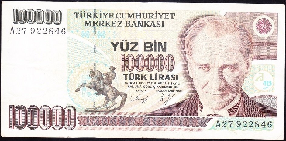 7.Emisyon 1.Tertip 100000 Lira A27 922846 Çok Temiz +