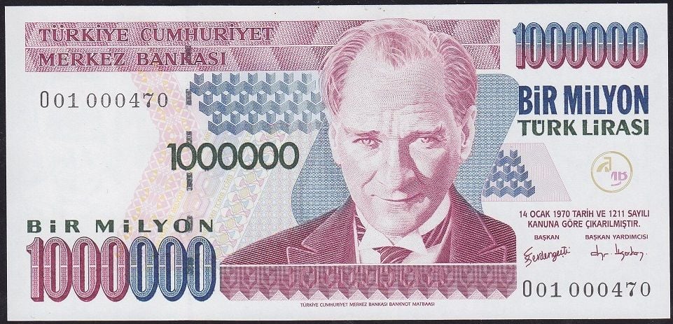 7.Emisyon 2.Tertip 1 000 000 Lira O01 000470 Çil İlk Bin Parası