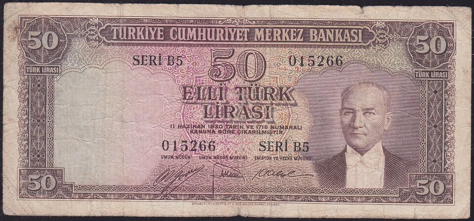 5.Emisyon 1.Tertip 50 Lira B5 015266 Temiz