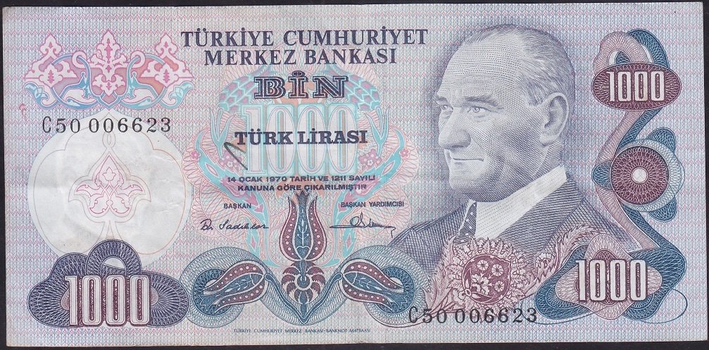 6.EMİSYON 1.TERTİP 1000 LİRA C50 006623 ÇOK TEMİZ +