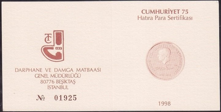 Hatıra Para Sertifikası - Cumhuriyet 75  - 1998 Yılı
