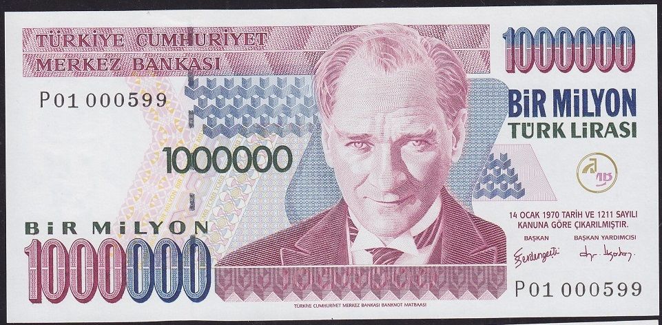 7.Emisyon 2.Tertip 1 000 000 Lira P01 000599 Çil İlk Bin Parası