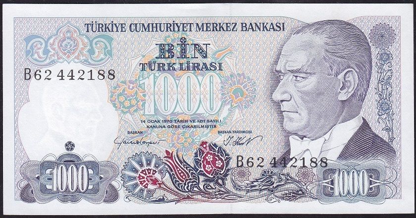 7.Emisyon 1.Tertip 1000 Lira B62 442188 Çil