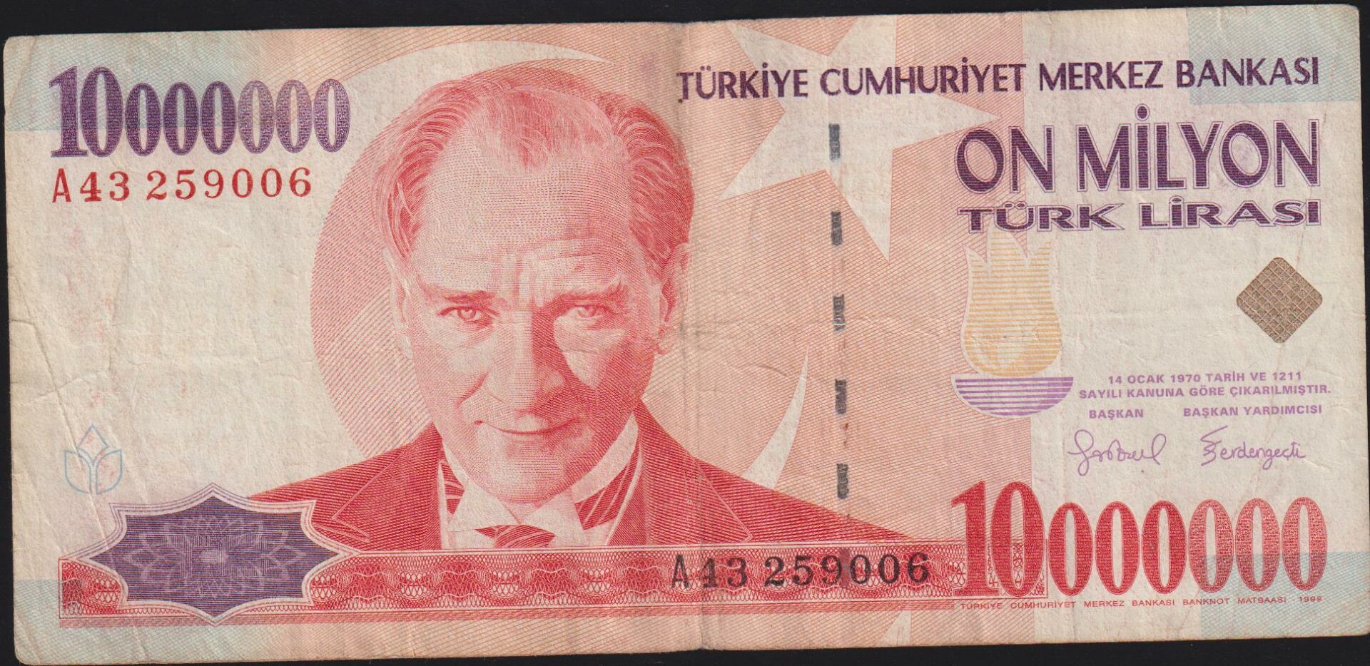 7.Emisyon 10 000 000 Lira A43 259006 Çok Temiz
