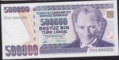 7.Emisyon 2.Tertip 500000 Lira D01 000331 Çil İlk Bin Parası