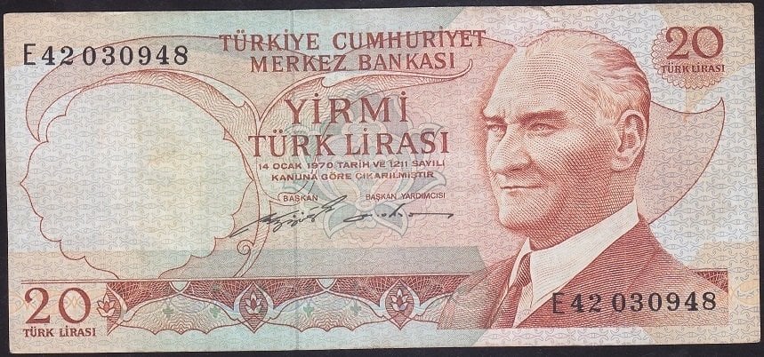 6.EMİSYON 2.TERTİP 20 LİRA E42 030948 ÇOK TEMİZ  + eski para