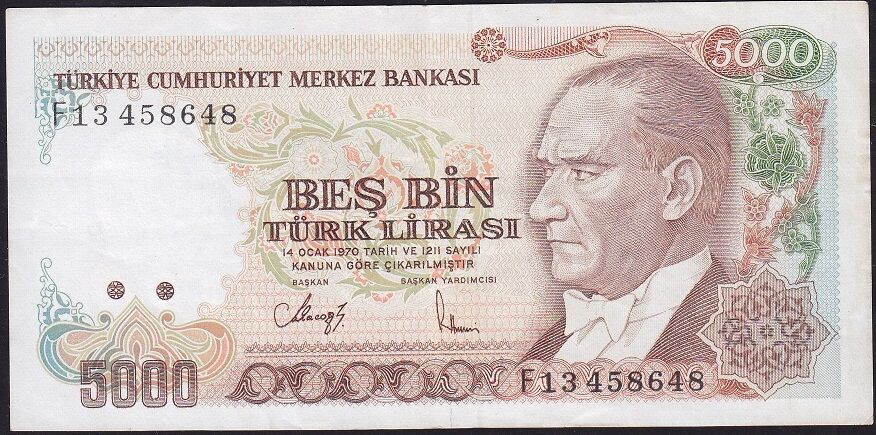 7.Emisyon 3.Tertip 5000 Lira F13 458648 Çok Temiz+