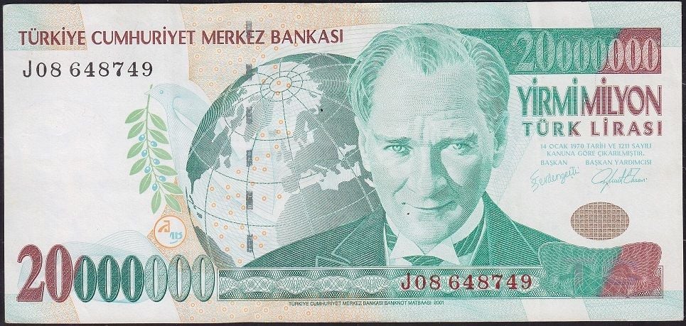 7.Emisyon 20 000 000 Lira J08 648749 Çok Temiz+