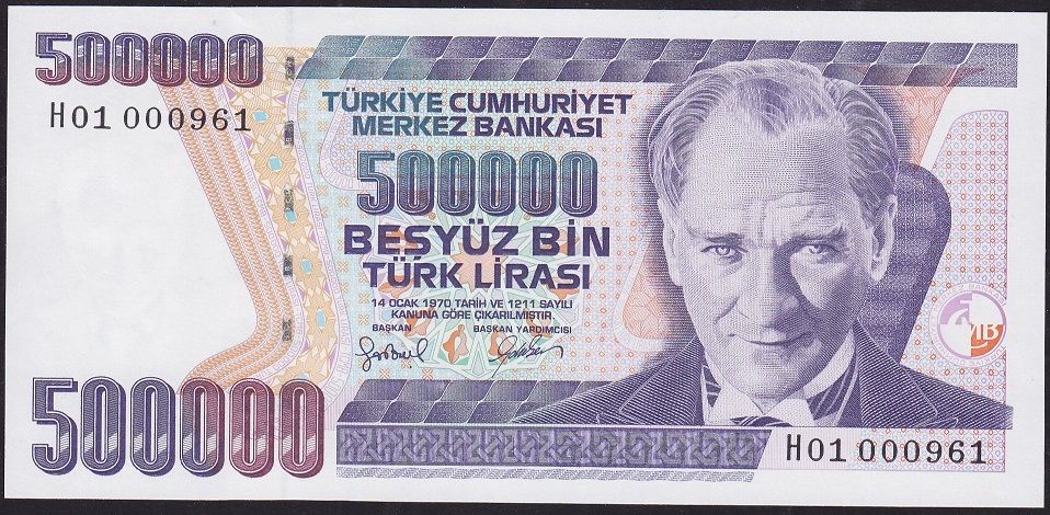 7.Emisyon 4.Tertip 500000 Lira H01 000961 Çilaltı Çil İlk Bin Parası
