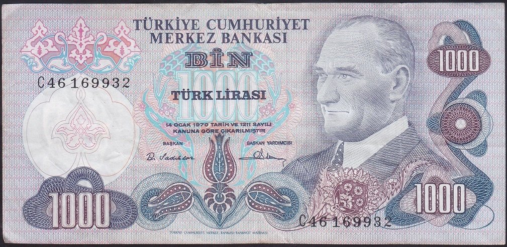 6.EMİSYON 1.TERTİP 1000 LİRA C46 169932 ÇOK TEMİZ +
