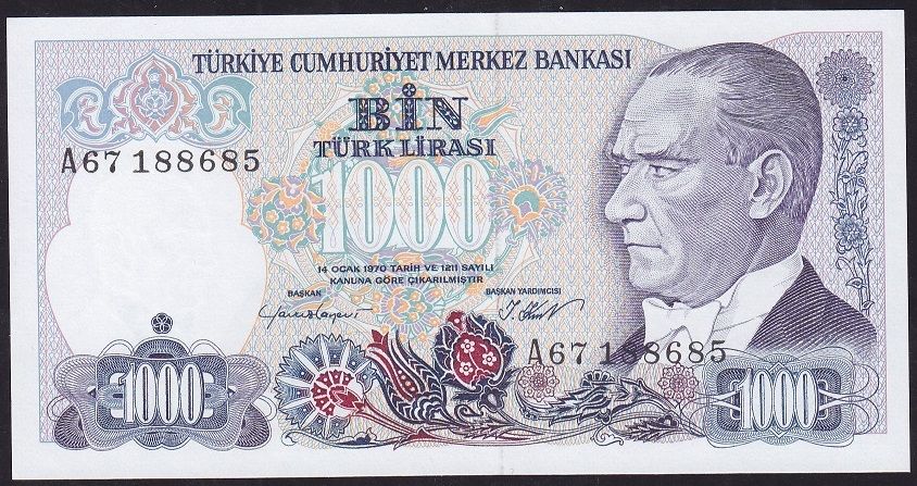 7.Emisyon 1.Tertip 1000 Lira A67 1886XX Çil