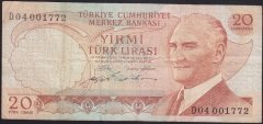 6.EMİSYON 2.TERTİP 20 LİRA D04 001772 ÇOK TEMİZ eski kağıt para fiyatları