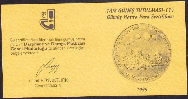 Hatıra Para Sertifikası - Tam Güneş Tutulması (1)  - 1999 Yılı