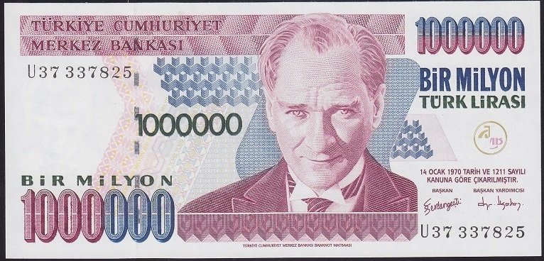 7.Emisyon 3.Tertip 1 000 000 Lira U37 337825 Çil U harfinin son numarası