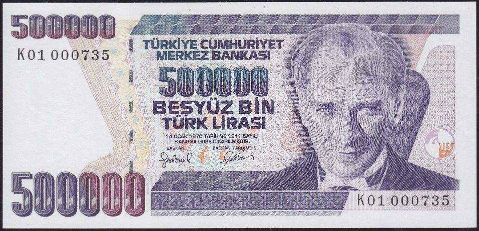 7.Emisyon 4.Tertip 500000 Lira K01 000735 Çilaltı Çil İlk Bin Parası
