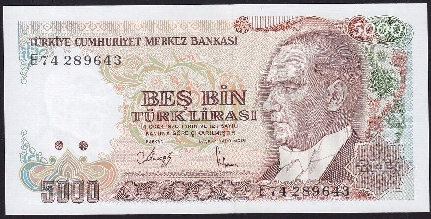 7.Emisyon 3.Tertip 5000 Lira E74 289643 Çil