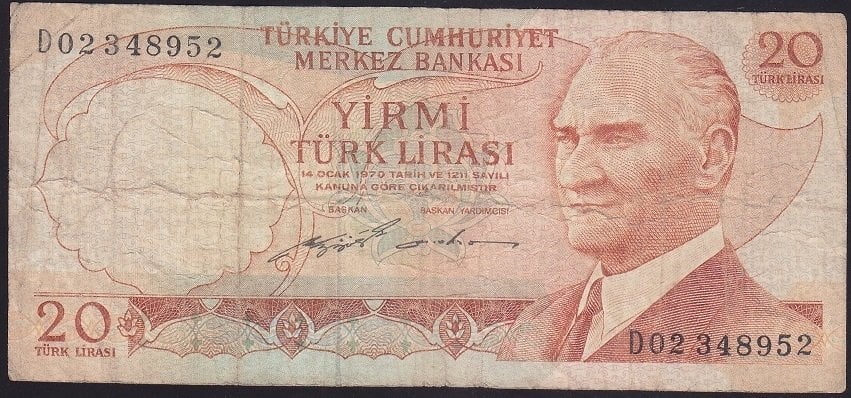 6.EMİSYON 2.TERTİP 20 LİRA D02 348952 TEMİZ
