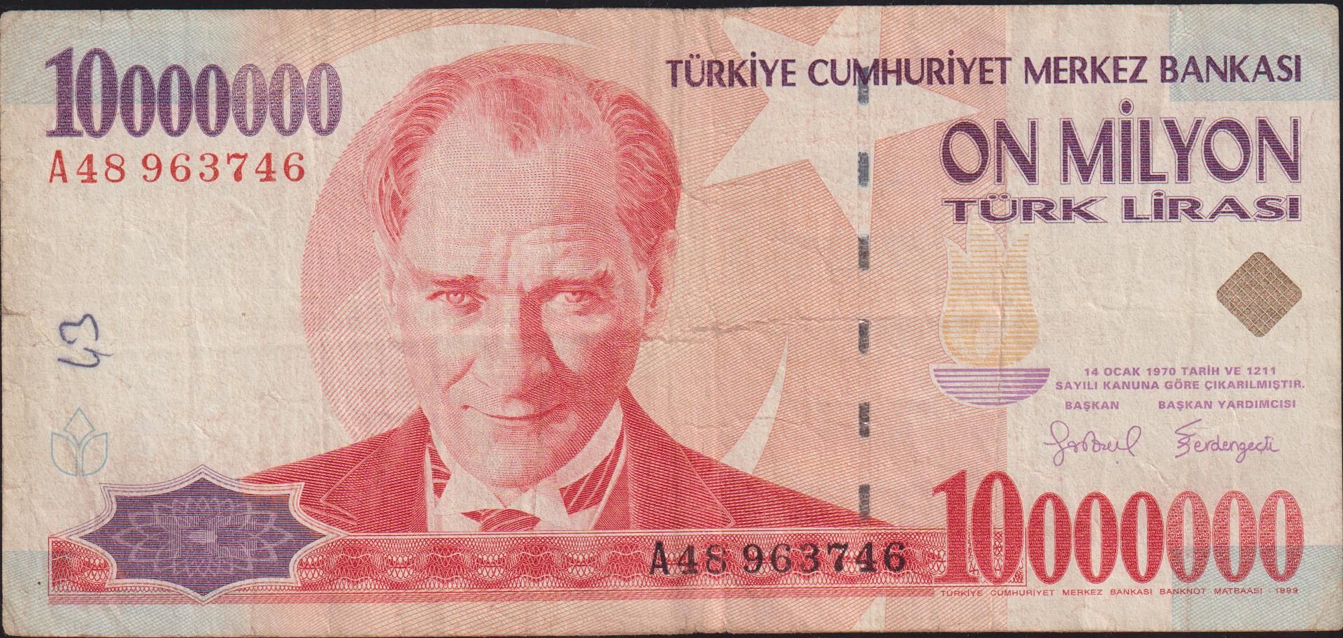 7.Emisyon 10 000 000 Lira A48 963746 Çok Temiz
