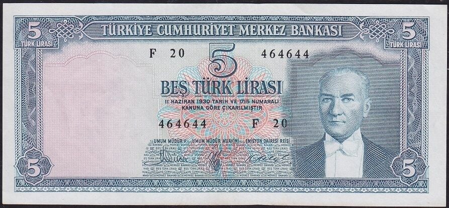 5.Emisyon 3.Tertip 5 Lira F20 464644 Çok Çok Temiz+