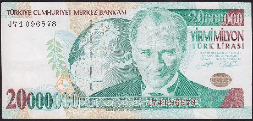 7.Emisyon 20 000 000 Lira J74 096878 Çok Temiz+