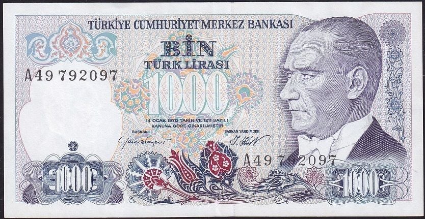 7.Emisyon 1.Tertip 1000 Lira A49 792097 Ççt Çilaltı