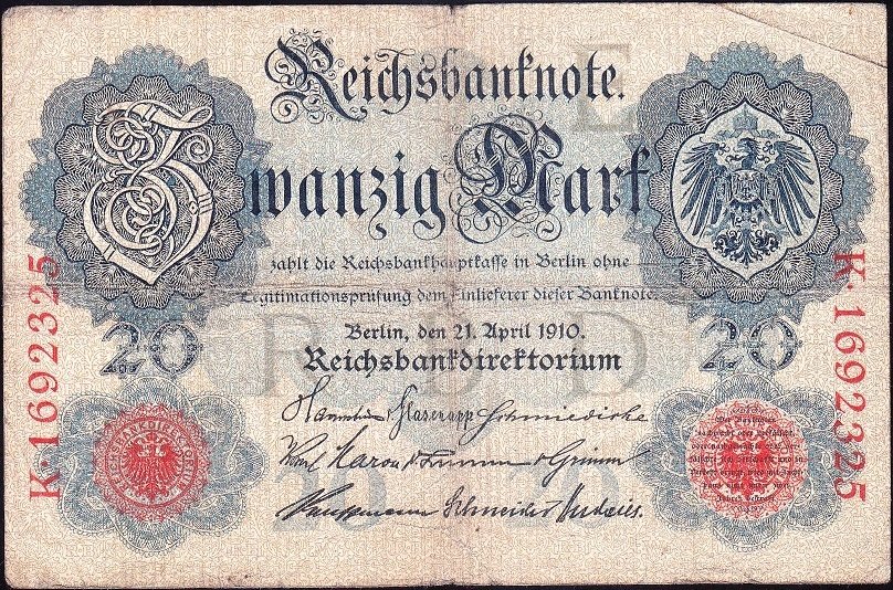 Almanya 20 Mark 1910 Temiz + 7 Rakam ( R41 ) Filigranlı
