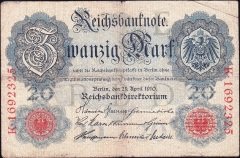 Almanya 20 Mark 1910 Temiz + 7 Rakam ( R41 ) Filigranlı