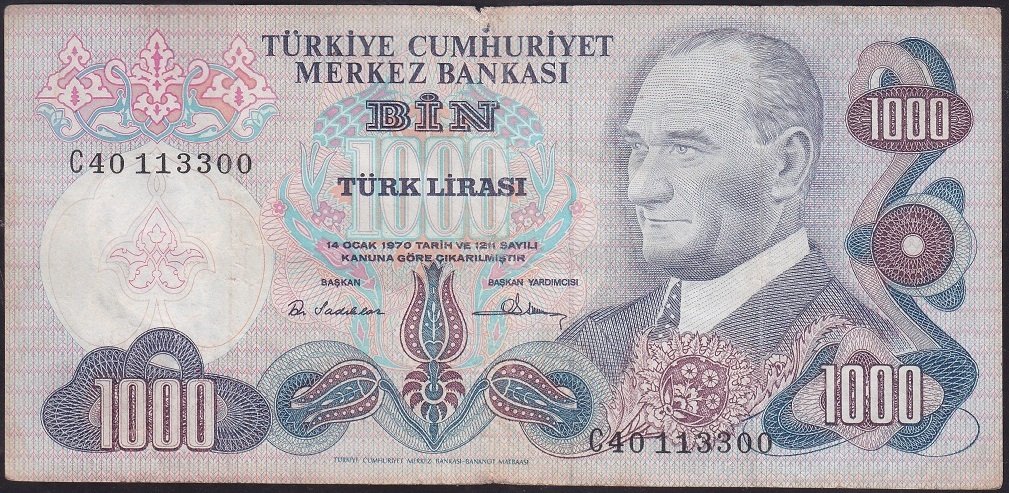 6.EMİSYON 1.TERTİP 1000 LİRA C40 113300 ÇOK TEMİZ