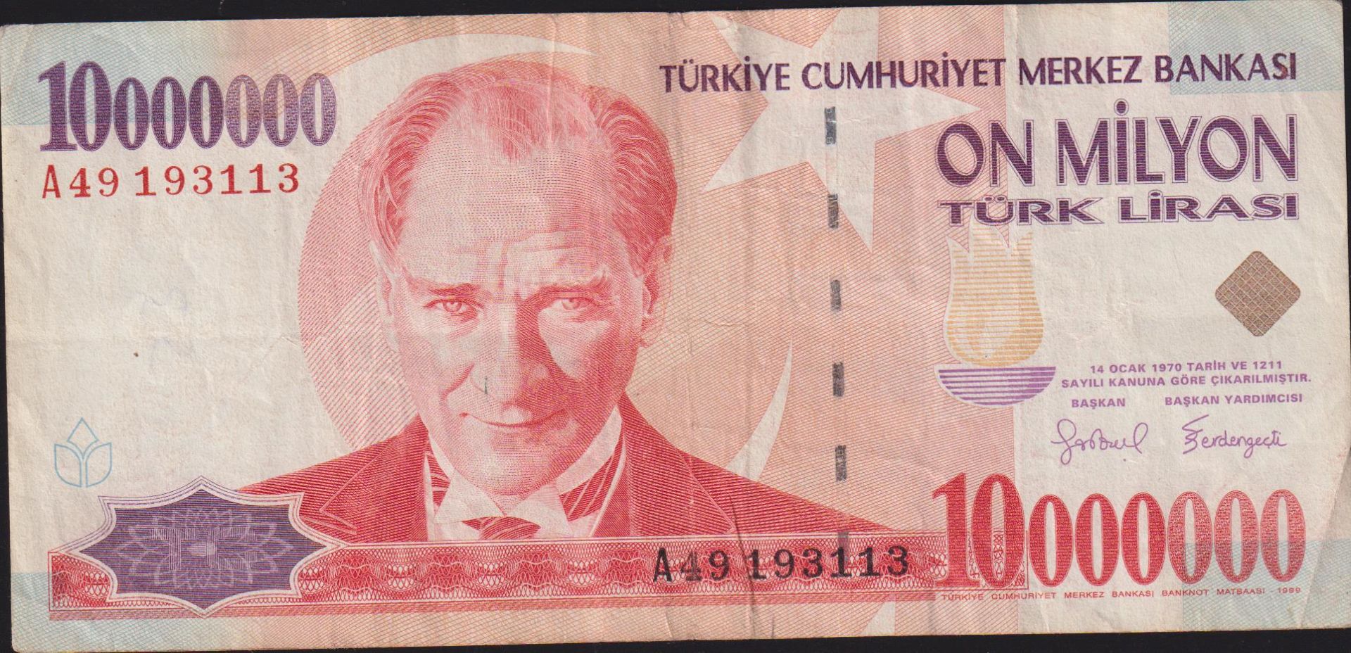 7.Emisyon 10 000 000 Lira A49 193113 Çok Temiz