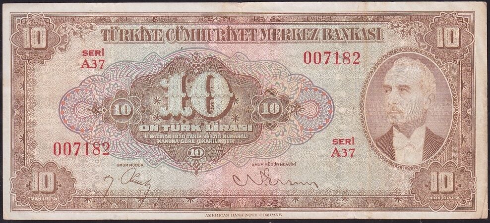 4.Emisyon 2.Tertip 10 Lira A37 007182 Çok Temiz+