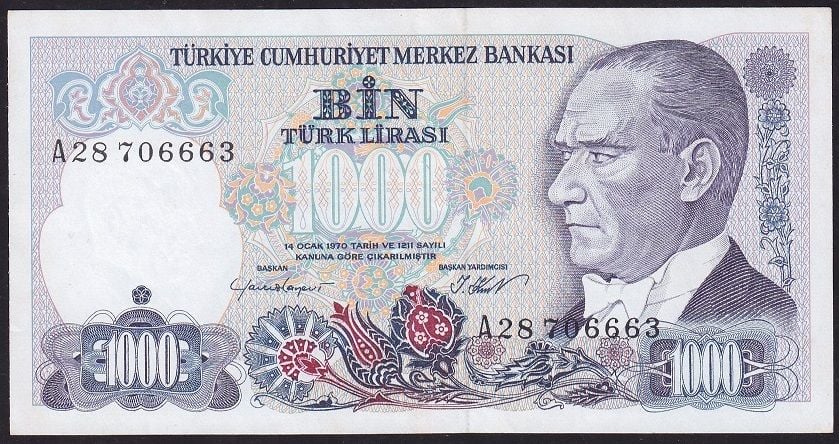 7.Emisyon 1.Tertip 1000 Lira A28 706663 Ççt Çilaltı
