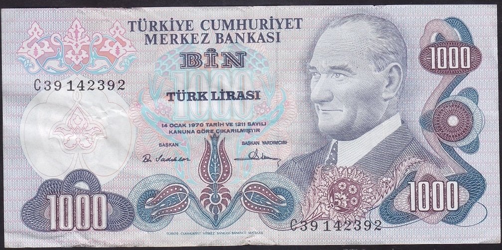 6.EMİSYON 1.TERTİP 1000 LİRA C39 142392 ÇOK TEMİZ +