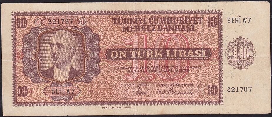 3.Emisyon 10 Lira Seri A7 321787 Çok Temiz