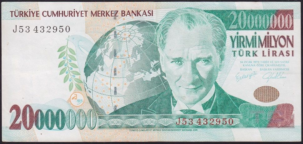 7.Emisyon 20 000 000 Lira J53 432950 Çok Temiz+