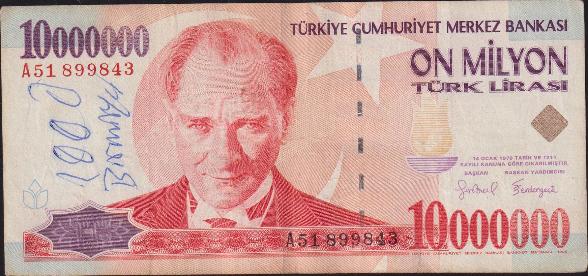 7.Emisyon 10 000 000 Lira A51 899843 Çok Temiz